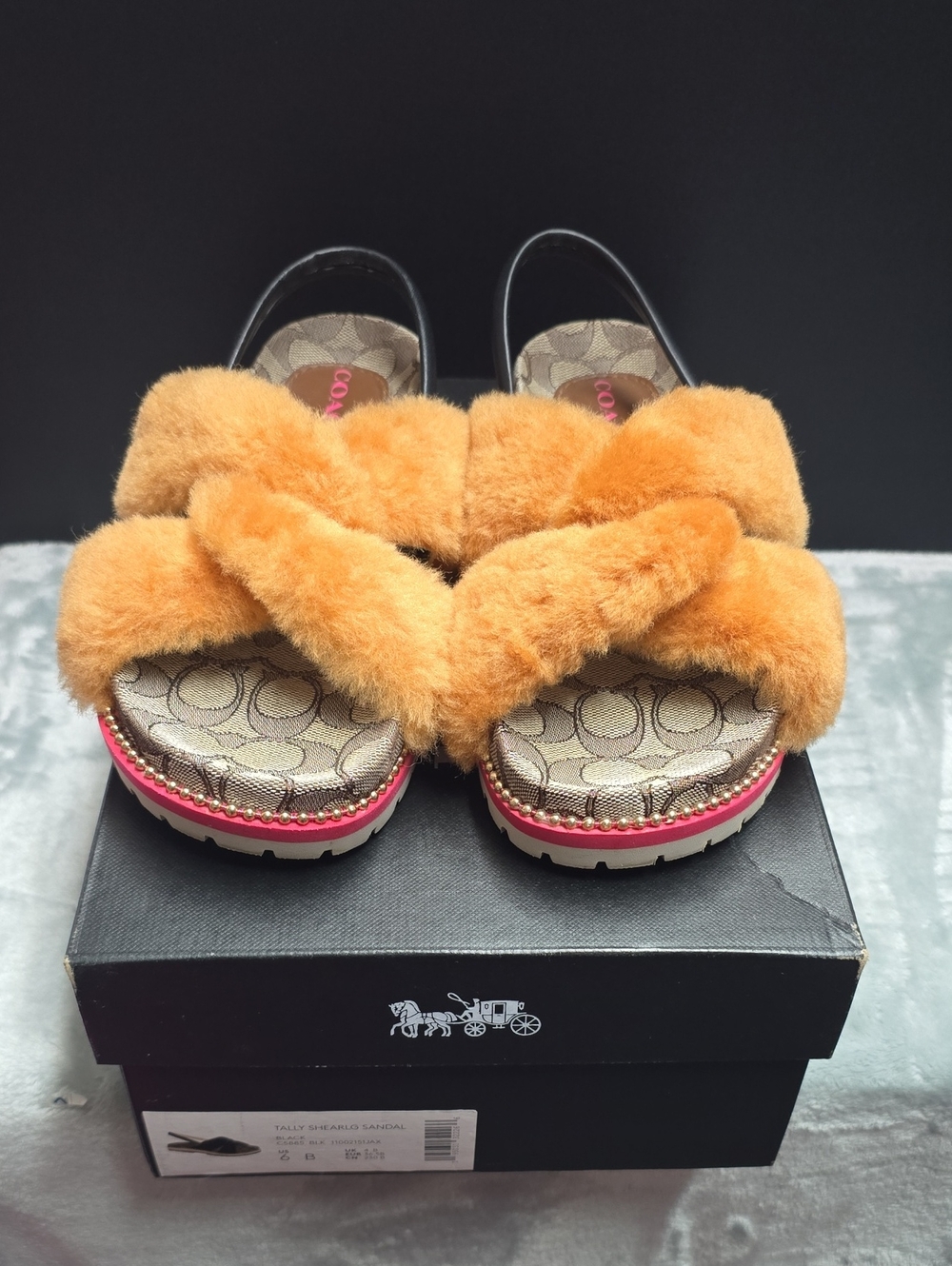 Coach Orange Shearling Crisscross Slide Sandals with Pink Trim